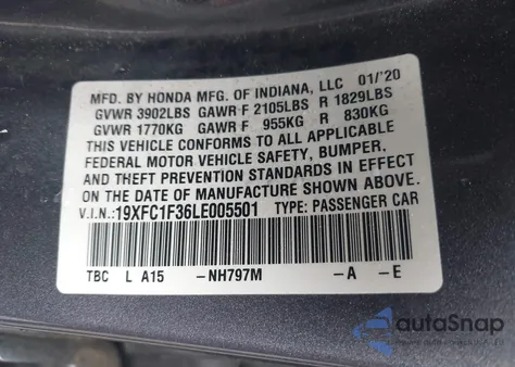 2020 Honda Civic Ex z USA, uszkodzony, nr VIN 19XFC1F36LE005501